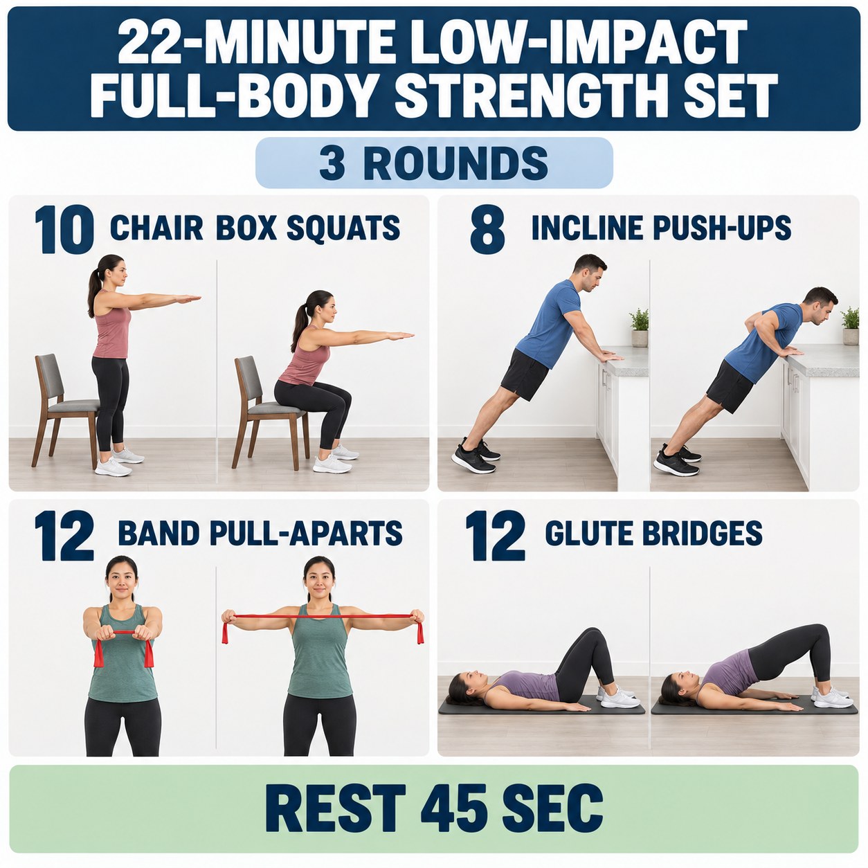 Low-impact full-body strength set with chair box squats, incline push-ups, band pull-aparts, and glute bridges