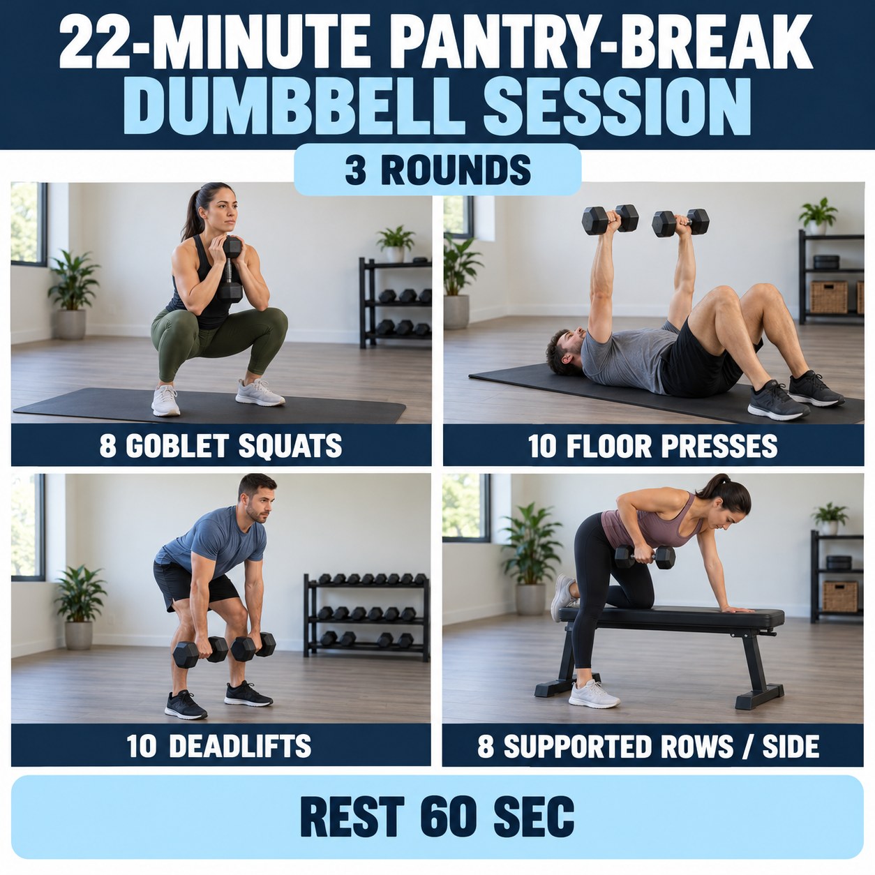Pantry-break dumbbell session with goblet squats, floor presses, deadlifts, and supported rows