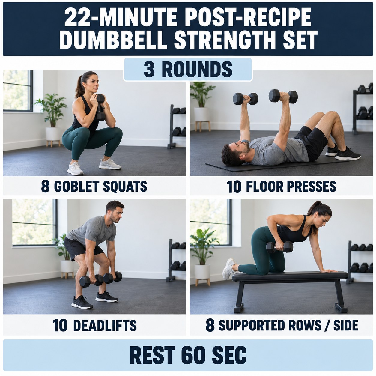 Post-recipe dumbbell strength set with goblet squats, floor presses, deadlifts, and supported rows