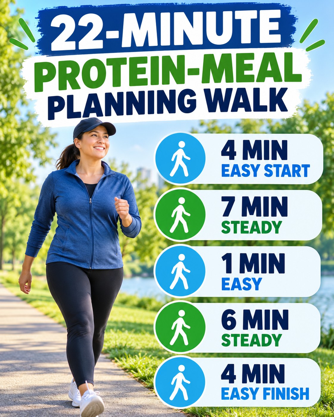 22-minute protein-meal planning walking routine with two steady blocks and easy recovery