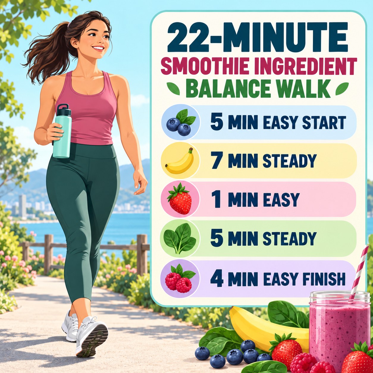 22-minute smoothie ingredient balance walking routine with steady blocks and easy recovery