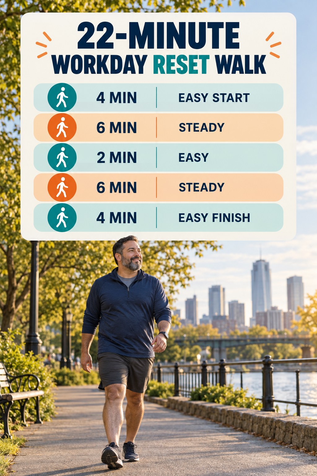 22-minute workday reset walking routine for men with two steady blocks and easy recovery