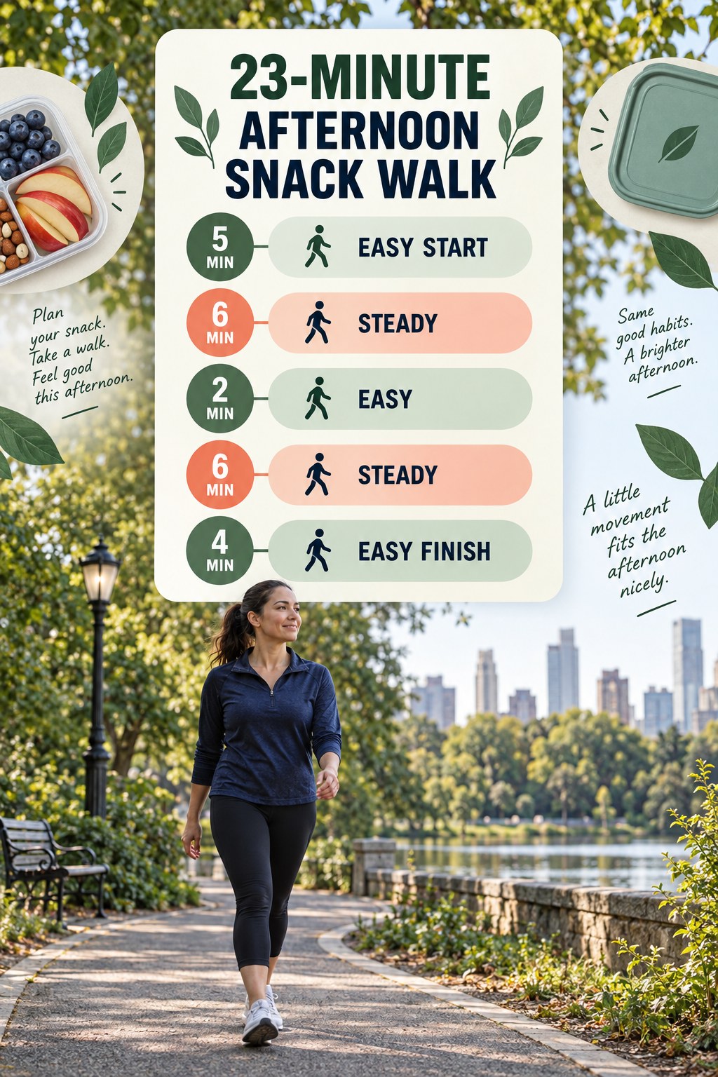 23-minute afternoon snack-planning walking routine with two steady blocks and easy recovery