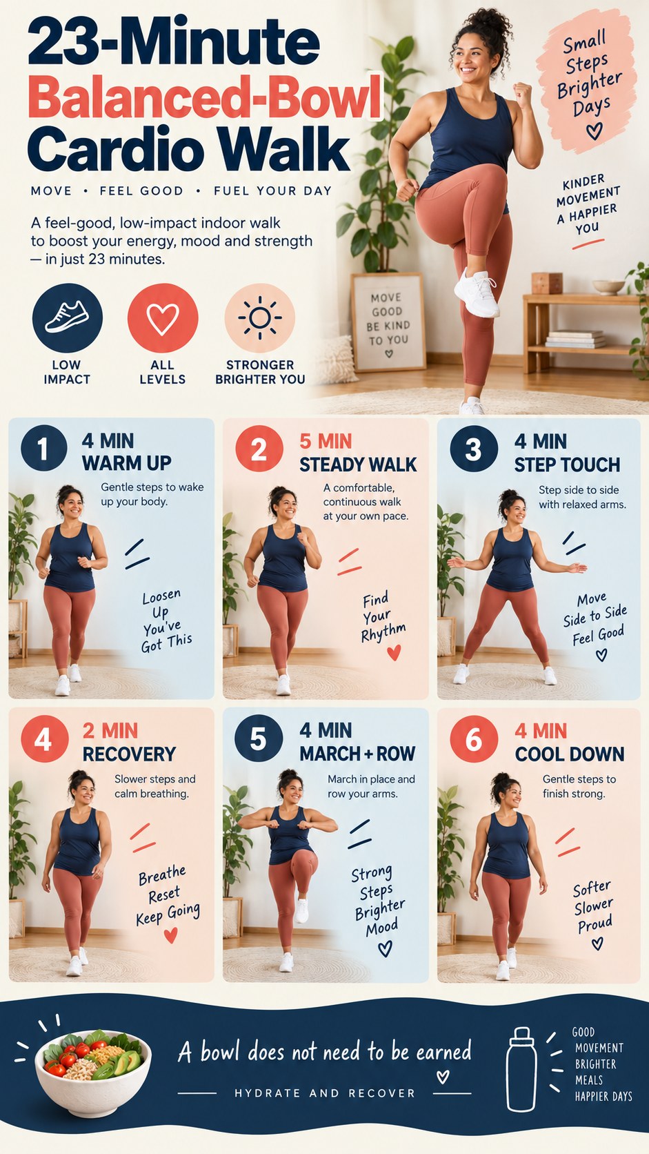 English infographic for 23-minute balanced-bowl cardio walk showing the timed low-impact workout and safety guidance.