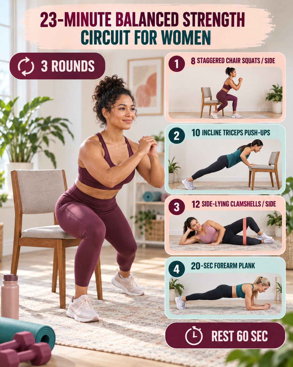 Woman doing a staggered chair squat beside a 23-minute balanced strength circuit infographic.
