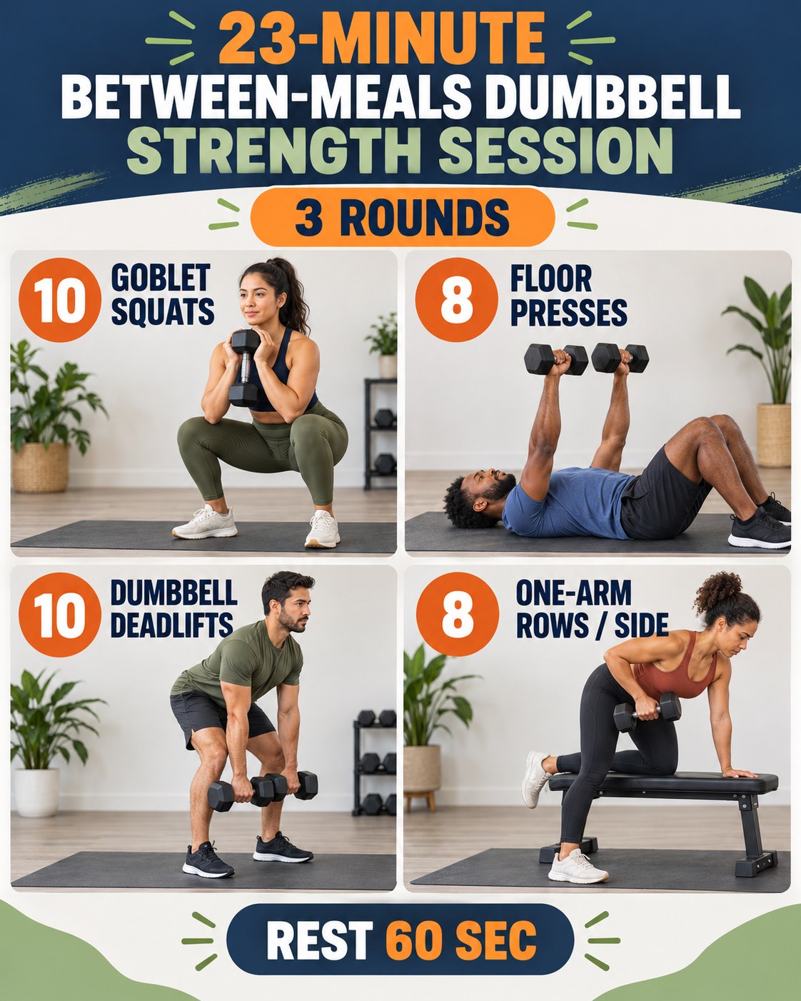 23-minute between-meals dumbbell strength session with four illustrated exercises