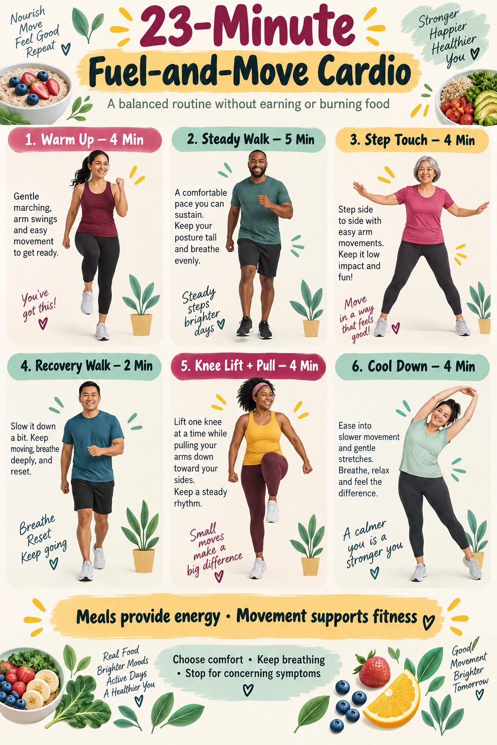 Fuel-and-move cardio infographic showing steady walking, step touches, recovery walking, knee lifts with pulls, cool-down, and balanced food messages.