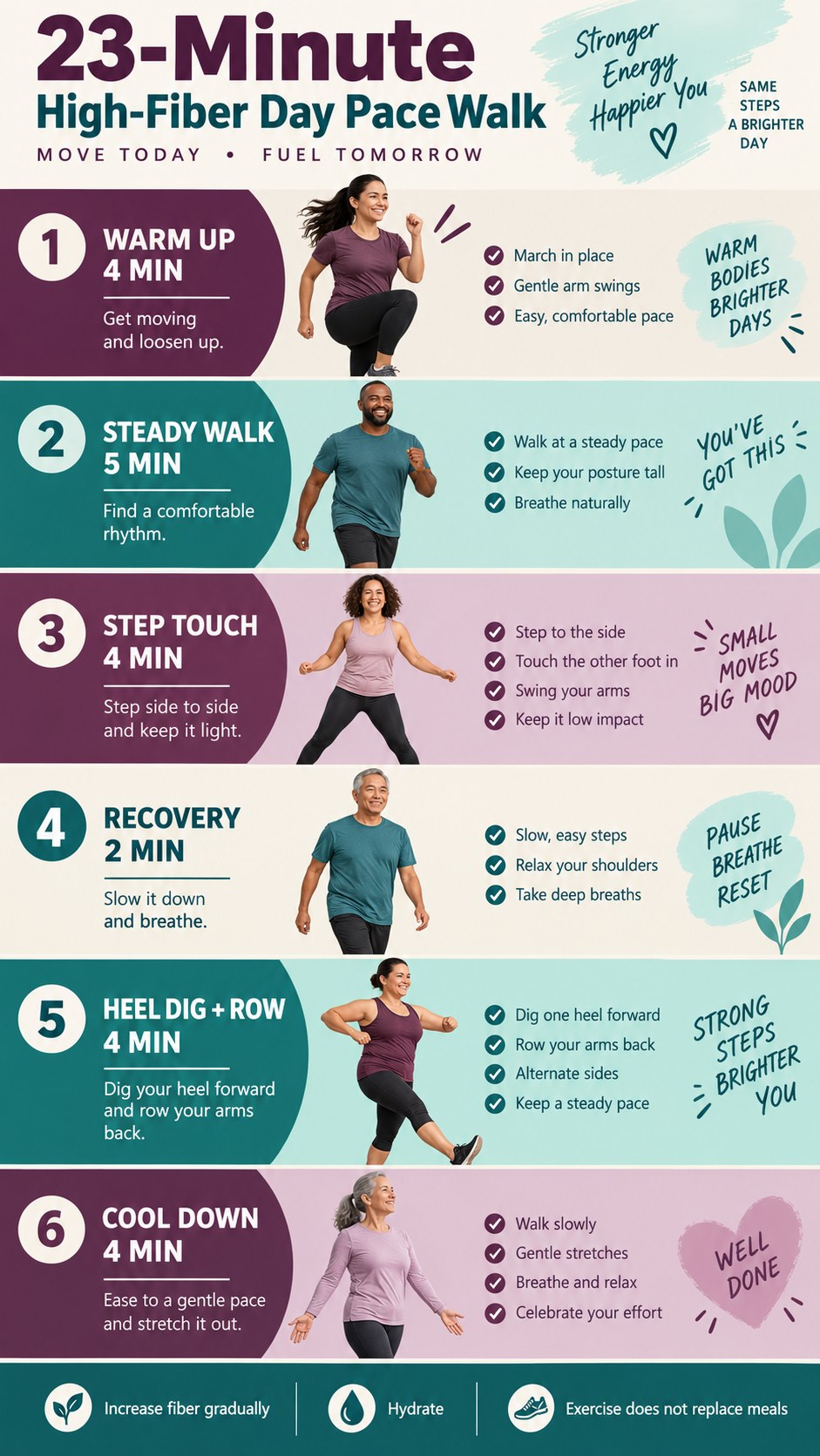23-minute high-fiber day pace walk infographic with six low-impact timed blocks