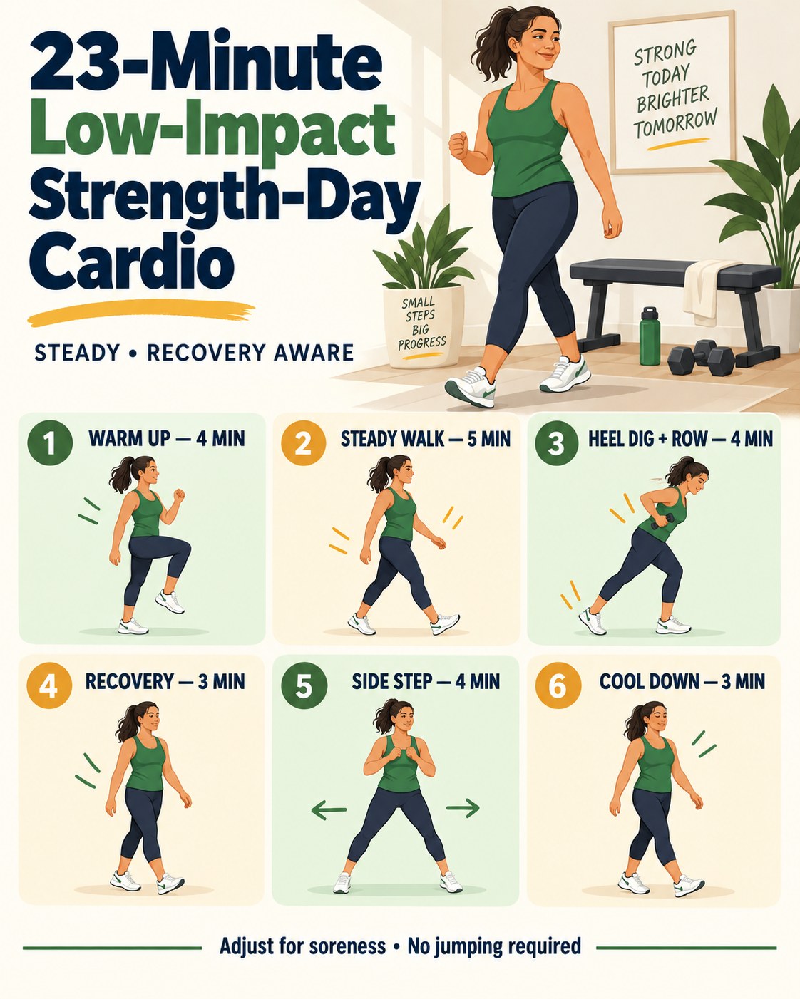 23-minute low-impact strength-day cardio infographic with six recovery-aware timed blocks