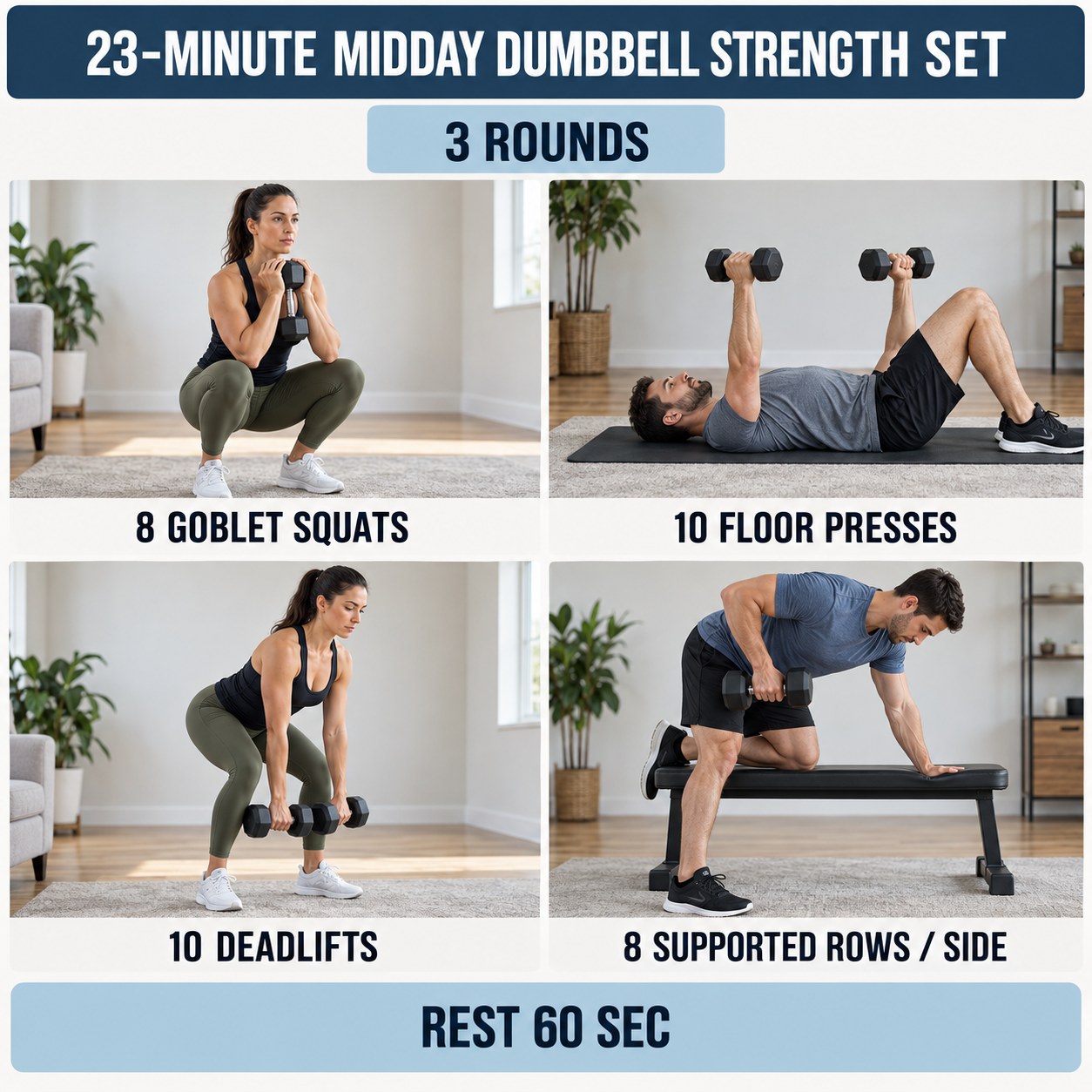 Midday dumbbell strength set with goblet squats, floor presses, deadlifts, and supported rows