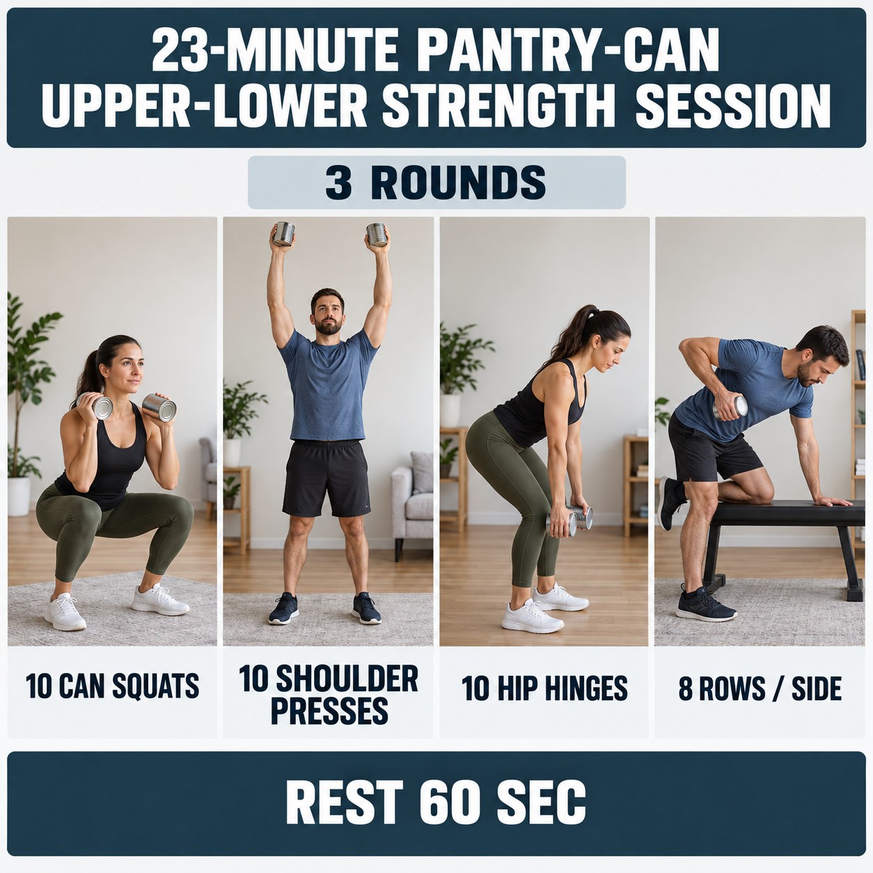 Pantry-can strength session with squats, shoulder presses, hip hinges, and supported rows