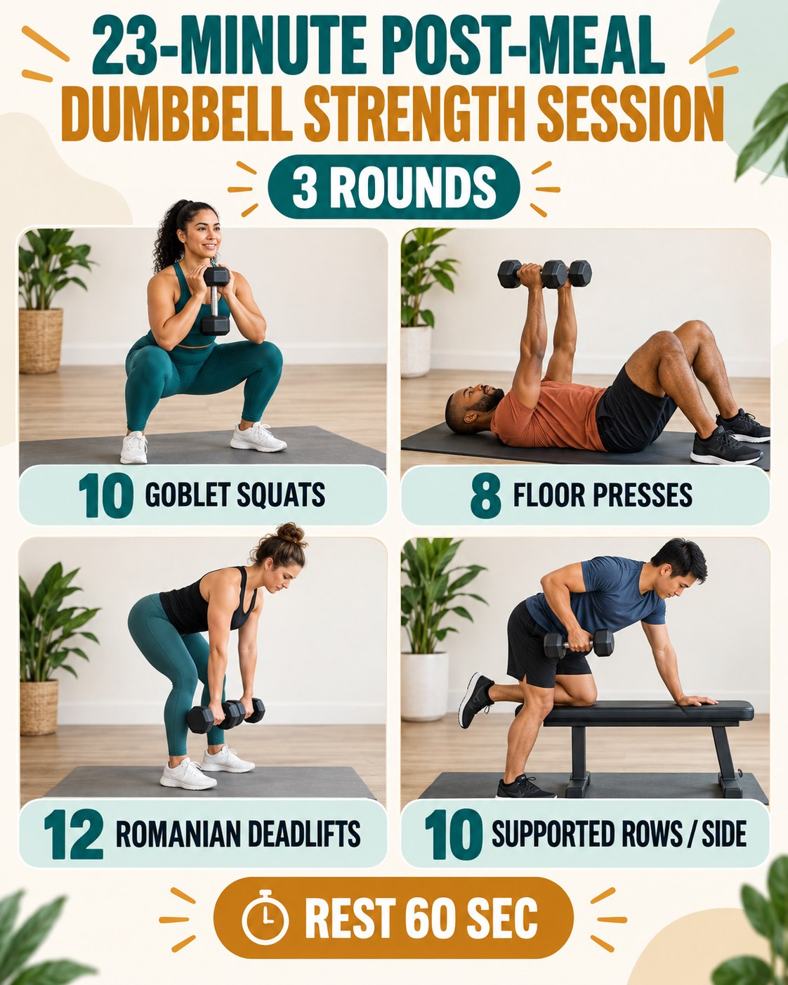 23-minute post-meal dumbbell strength session with four illustrated exercises