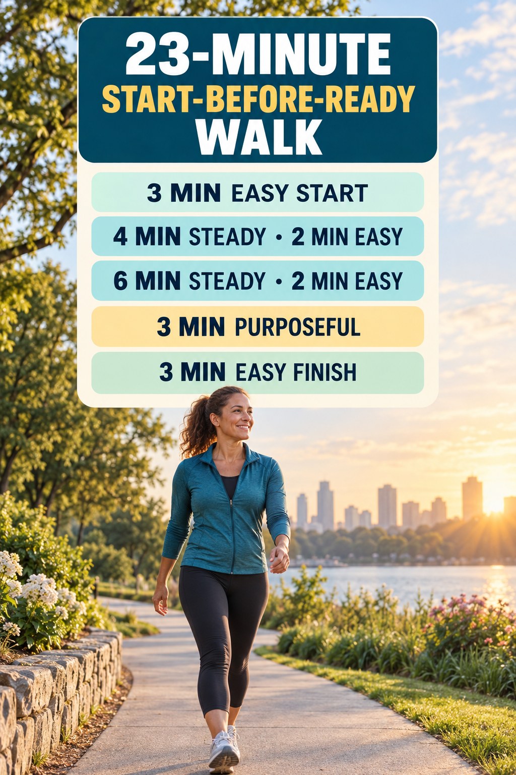 23-minute start-before-ready walking routine with steady and easy pace blocks