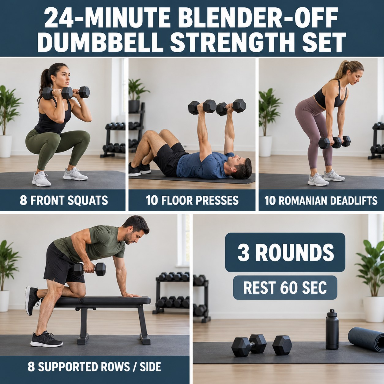 Blender-off dumbbell strength set with front squats, floor presses, Romanian deadlifts, and supported rows