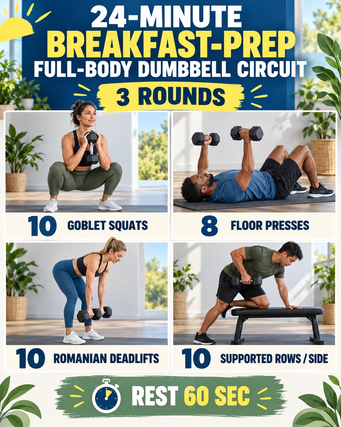 24-minute breakfast-prep full-body dumbbell circuit with four illustrated exercises