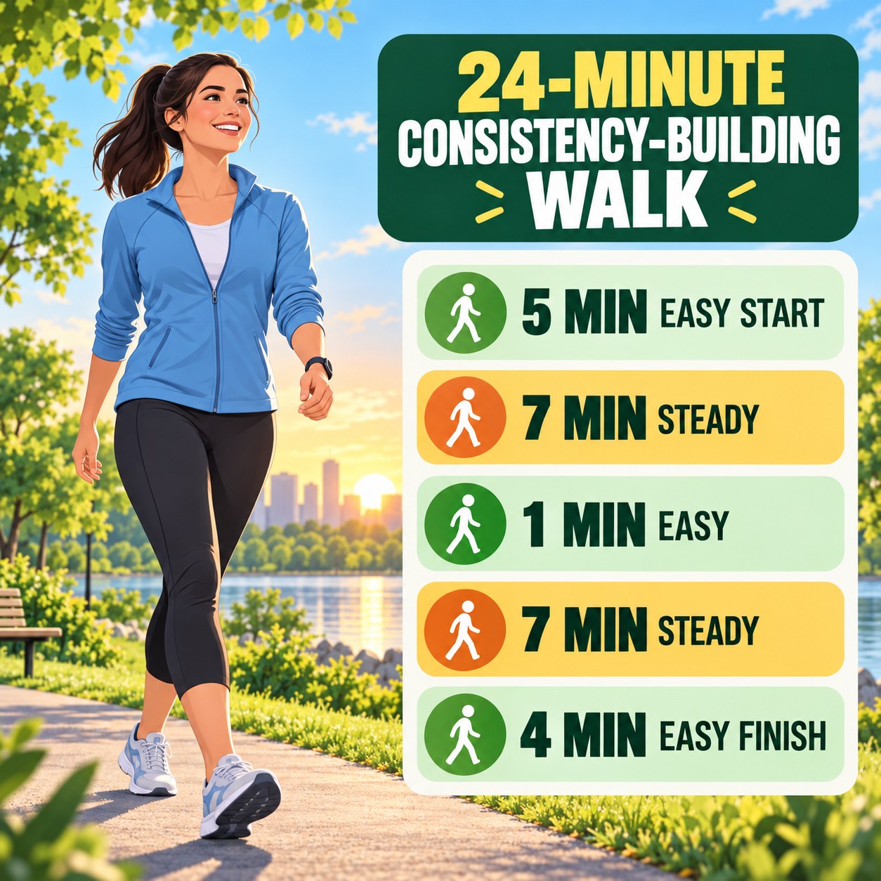 24-minute consistency-building walking routine with two steady blocks and easy recovery