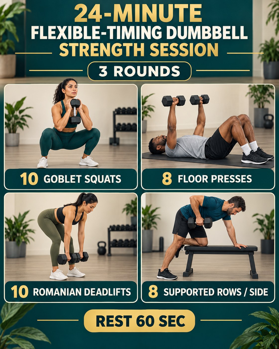 24-minute flexible-timing dumbbell strength session with four illustrated exercises