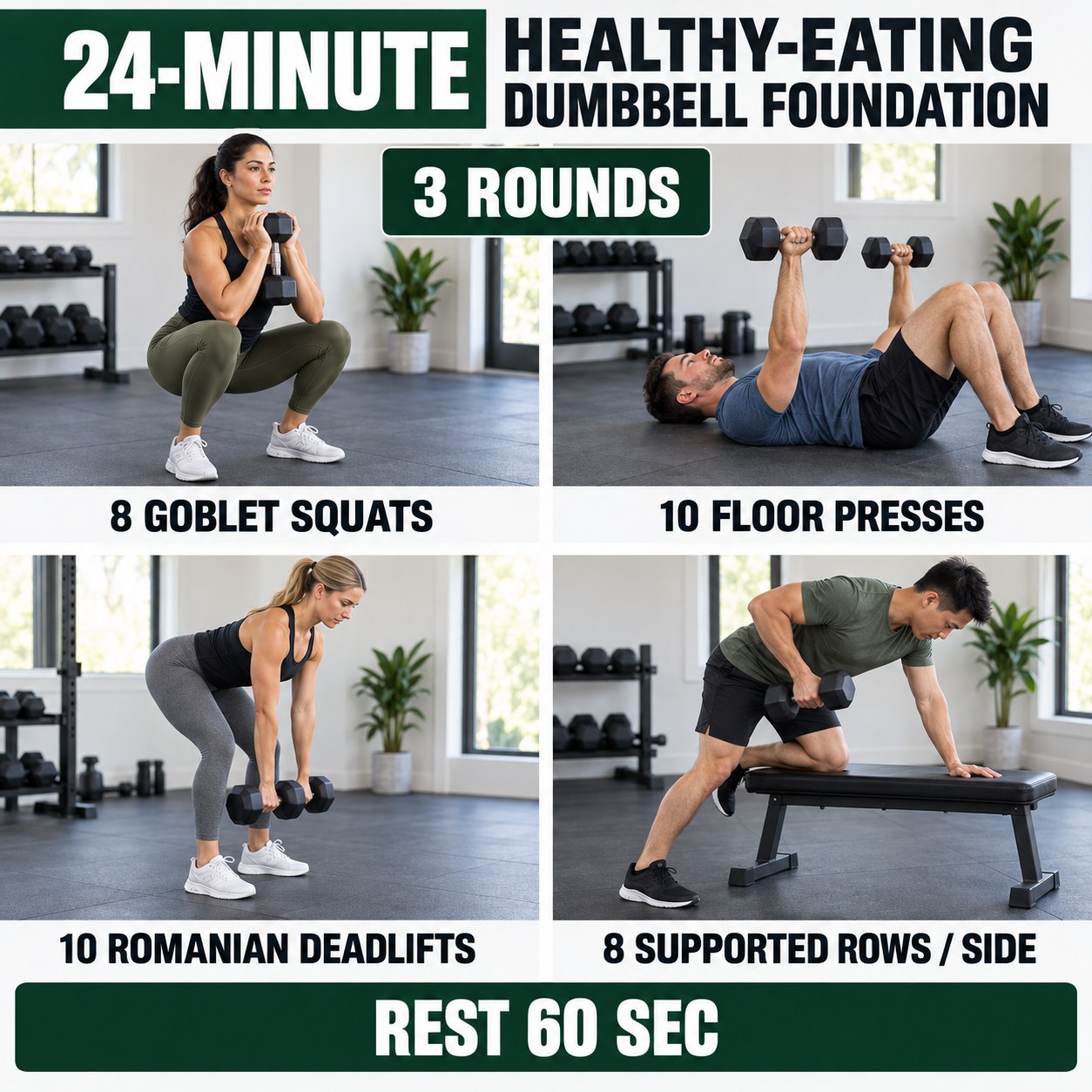 Healthy-eating dumbbell foundation with goblet squats, floor presses, Romanian deadlifts, and supported rows