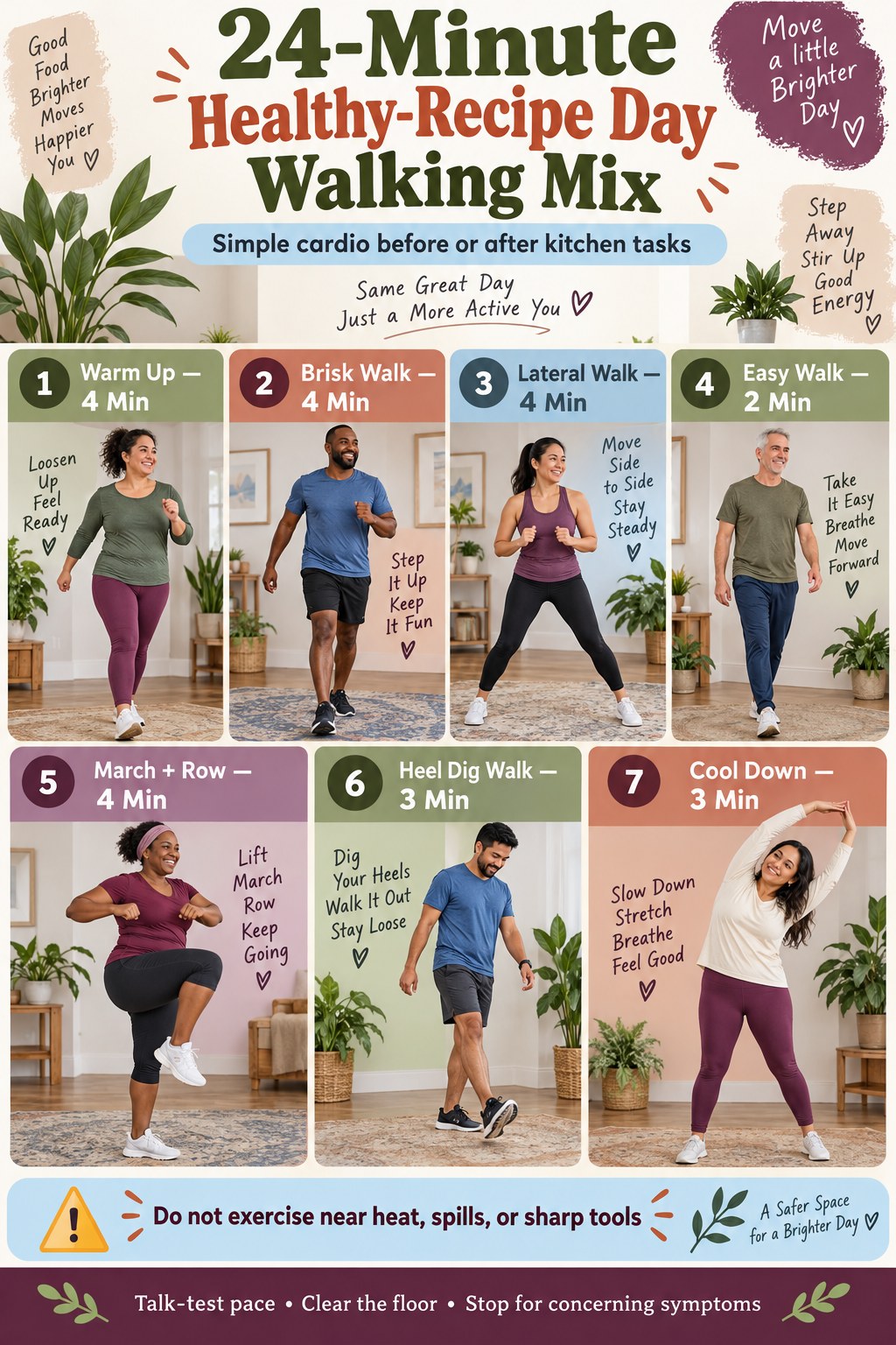 Healthy-recipe day walking infographic showing brisk walking, lateral walking, easy walking, marching with rows, heel-dig walking, and kitchen safety guidance.