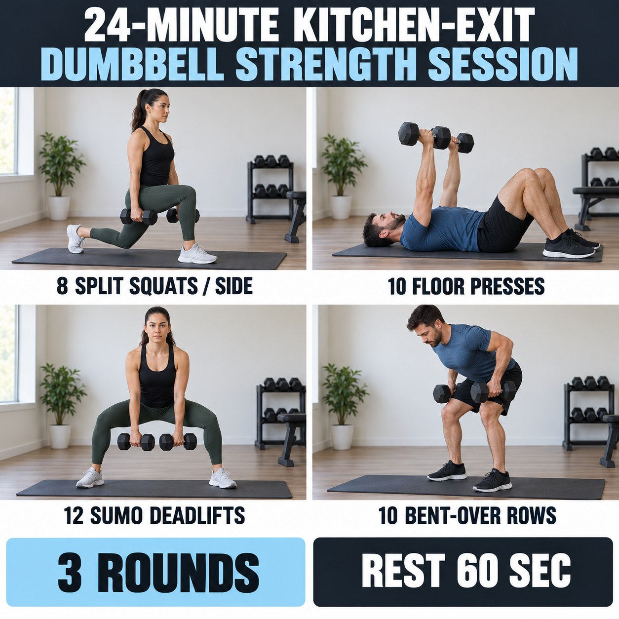 Kitchen-exit dumbbell strength session with split squats, floor presses, sumo deadlifts, and bent-over rows