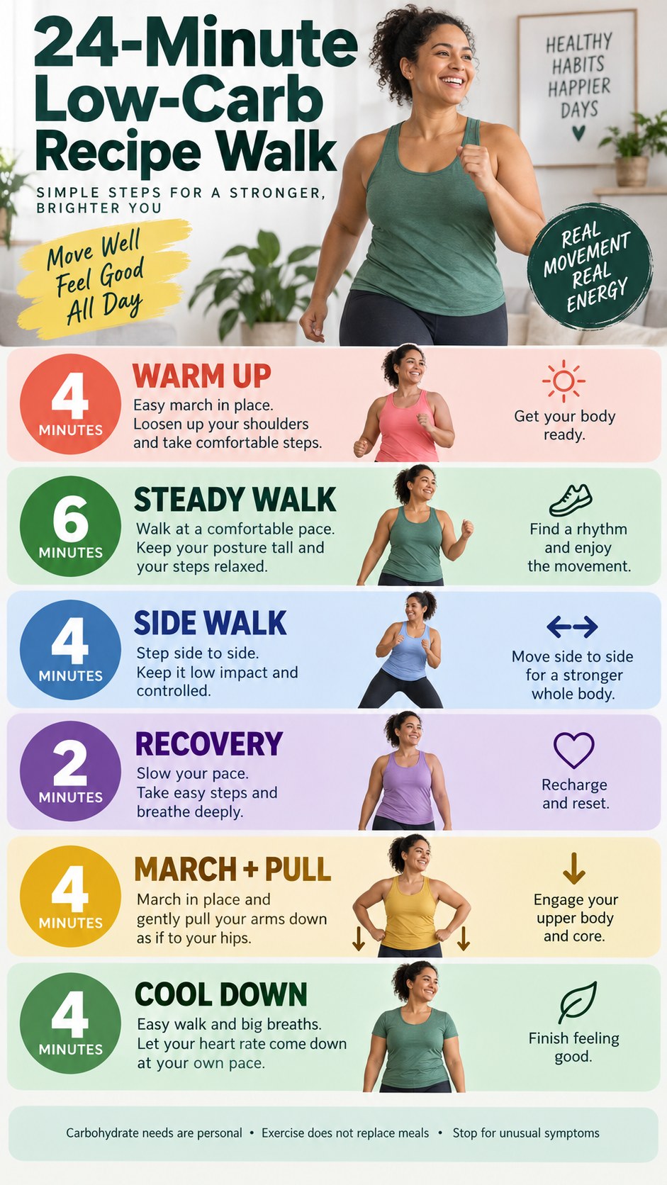 English infographic for 24-minute low-carb recipe walk showing timed low-impact moves and safety guidance.