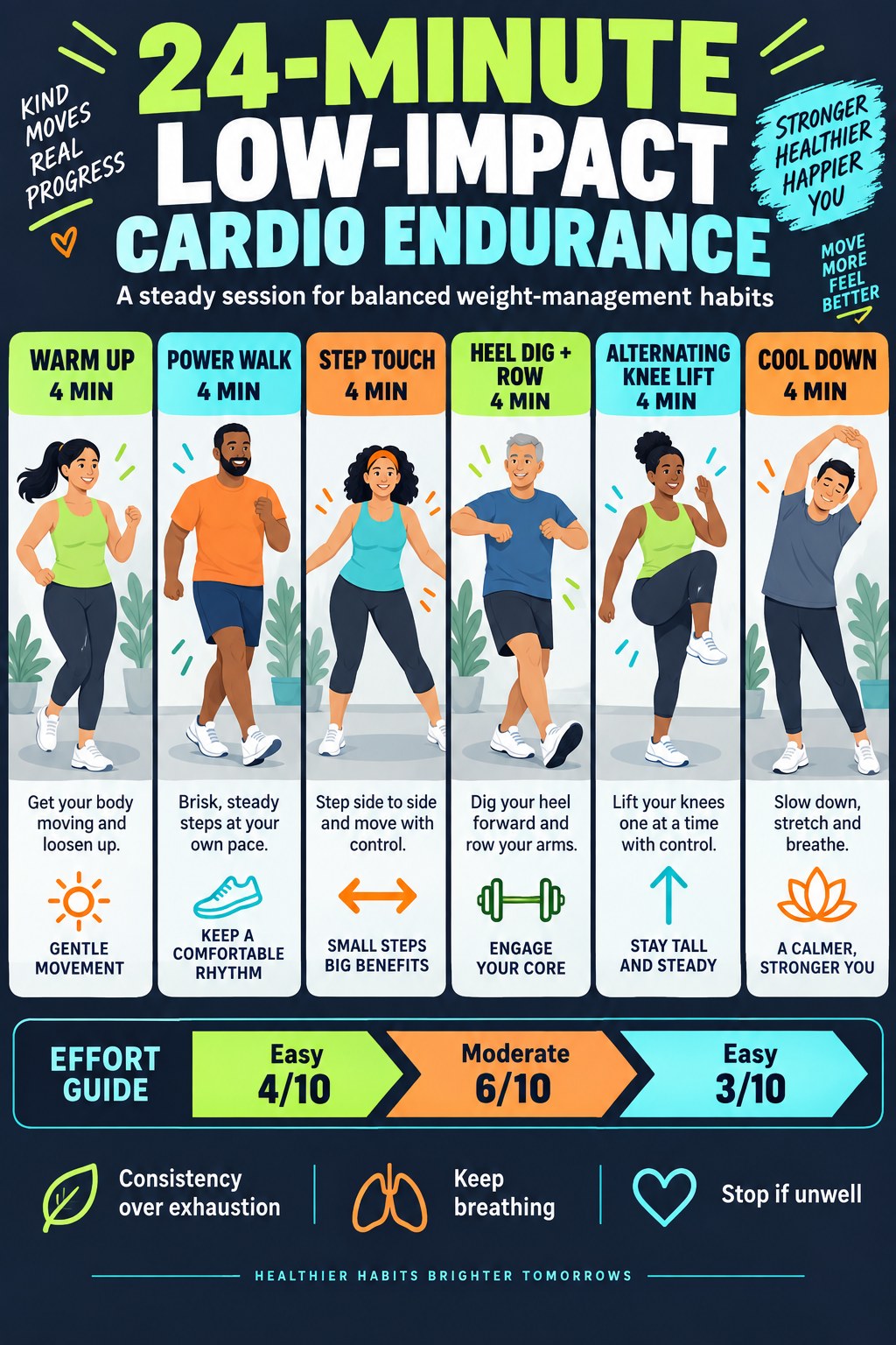 Low-impact cardio endurance infographic showing power walking, step touches, heel digs with rows, alternating knee lifts, and an effort guide.