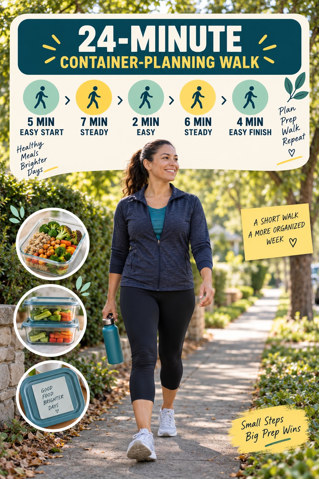 24-minute meal-prep container planning walking routine with two steady blocks and easy recovery