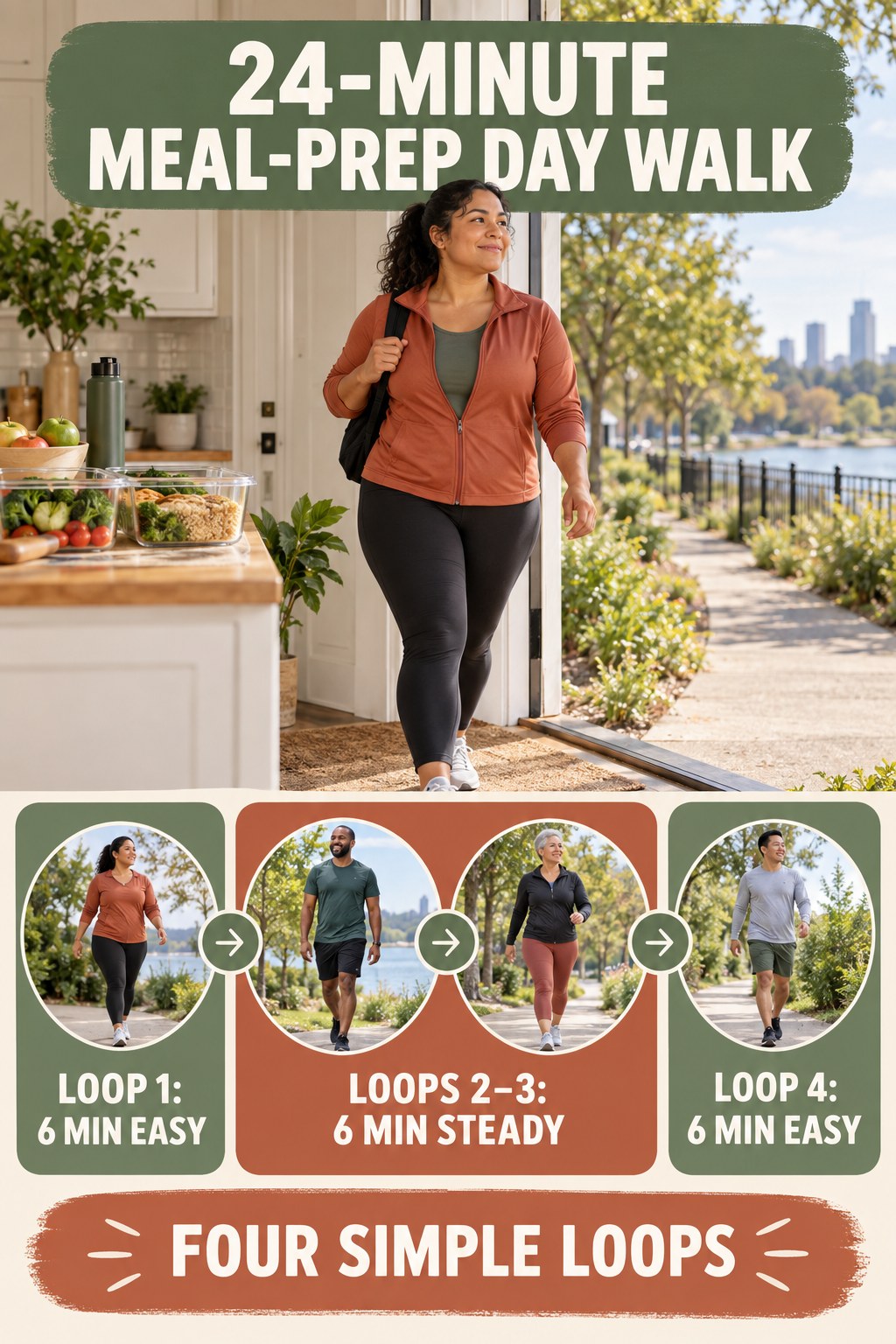 Adult leaving a meal-prep area for a 24-minute walk illustrated as four six-minute loops.