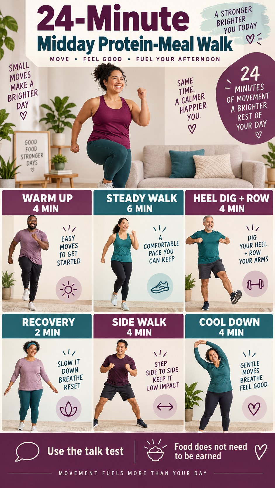 English infographic for 24-minute midday protein-meal walk showing the timed low-impact workout, safety guidance, and cool-down.