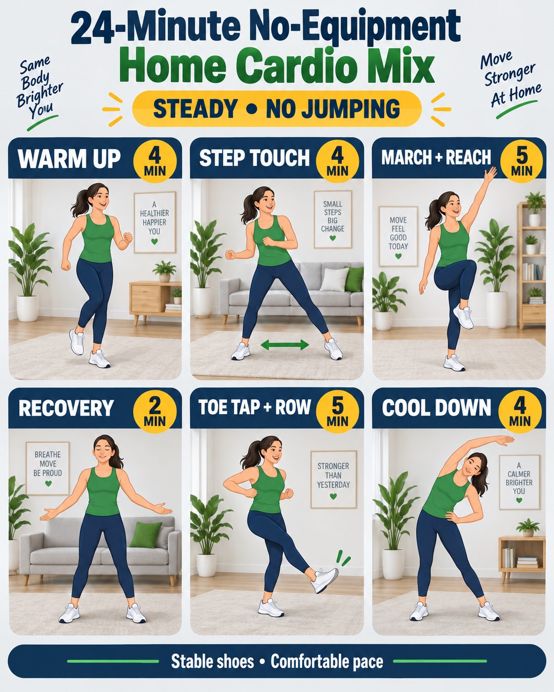 24-minute no-equipment home cardio mix infographic with six low-impact timed blocks