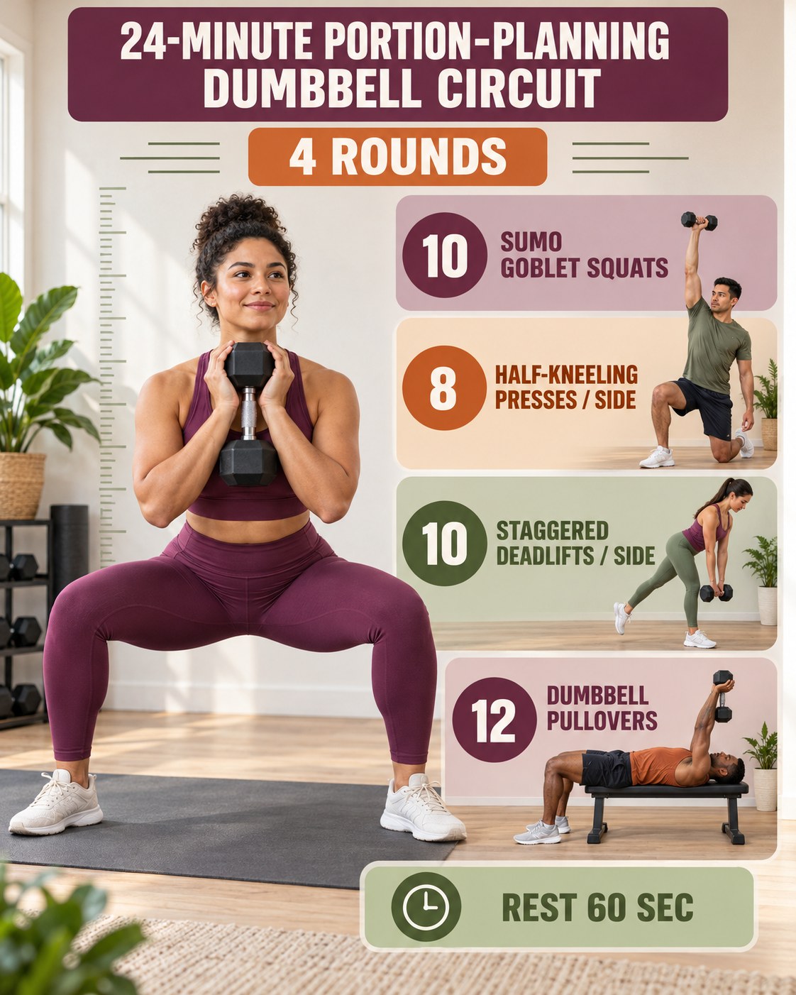 Woman holding a dumbbell in a sumo squat beside a 24-minute portion-planning dumbbell circuit infographic.