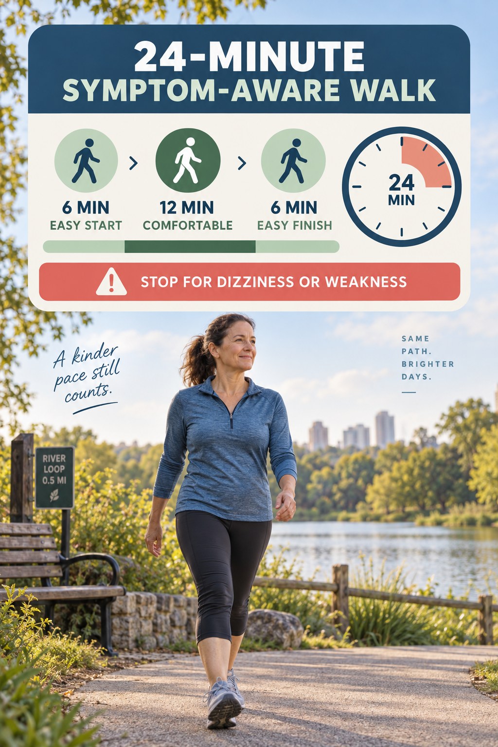 24-minute symptom-aware walking routine with easy start, comfortable middle and easy finish