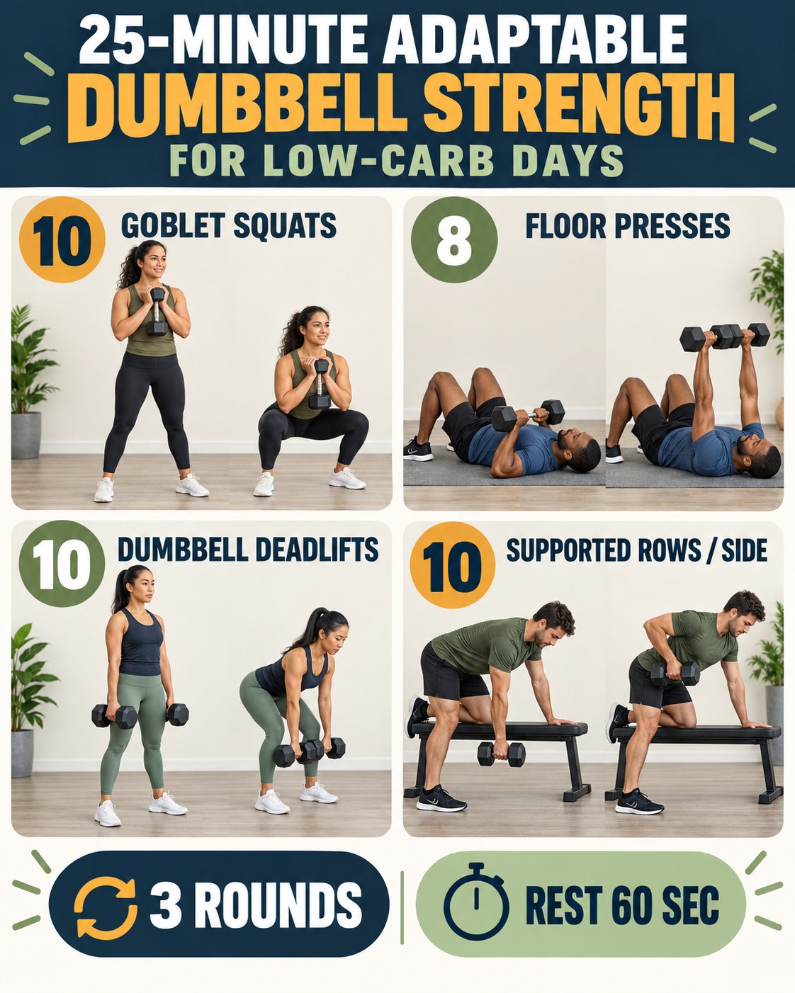 25-minute adaptable dumbbell strength session for low-carb days with four illustrated exercises
