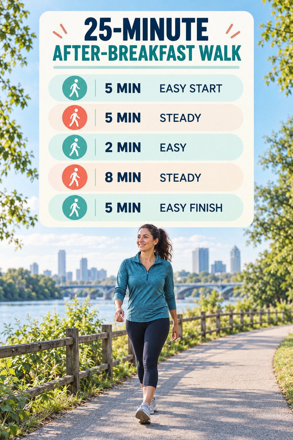 25-minute after-breakfast walking routine with two steady blocks and easy recovery