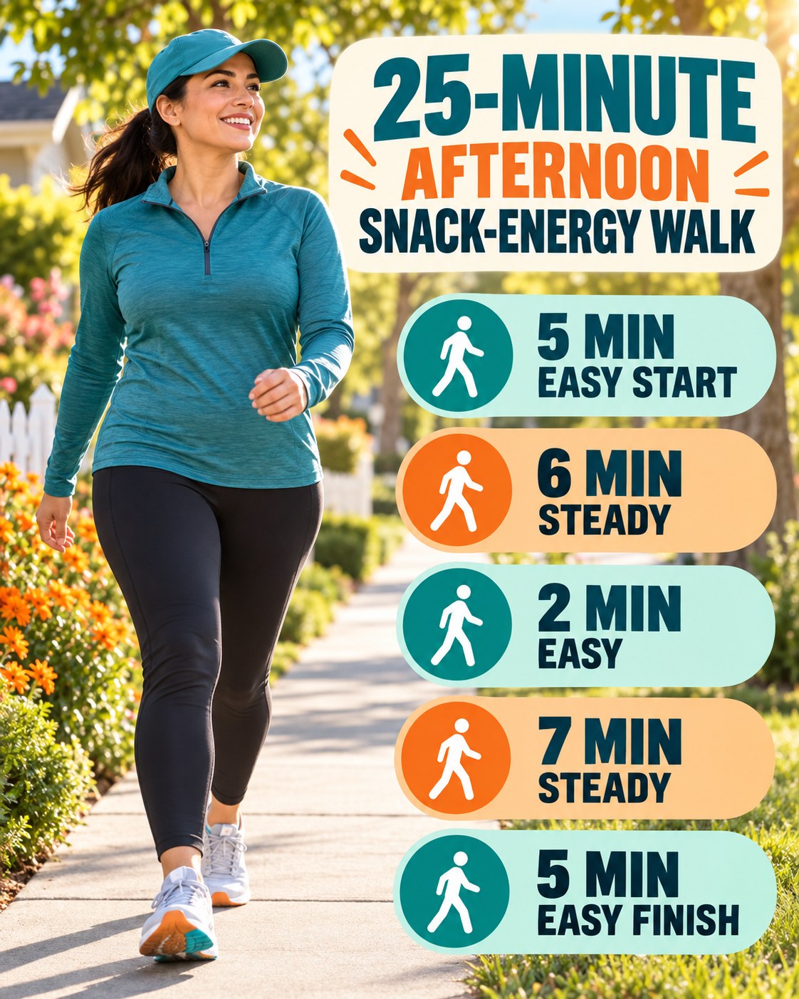 25-minute afternoon snack-energy walking routine with two steady blocks and easy recovery
