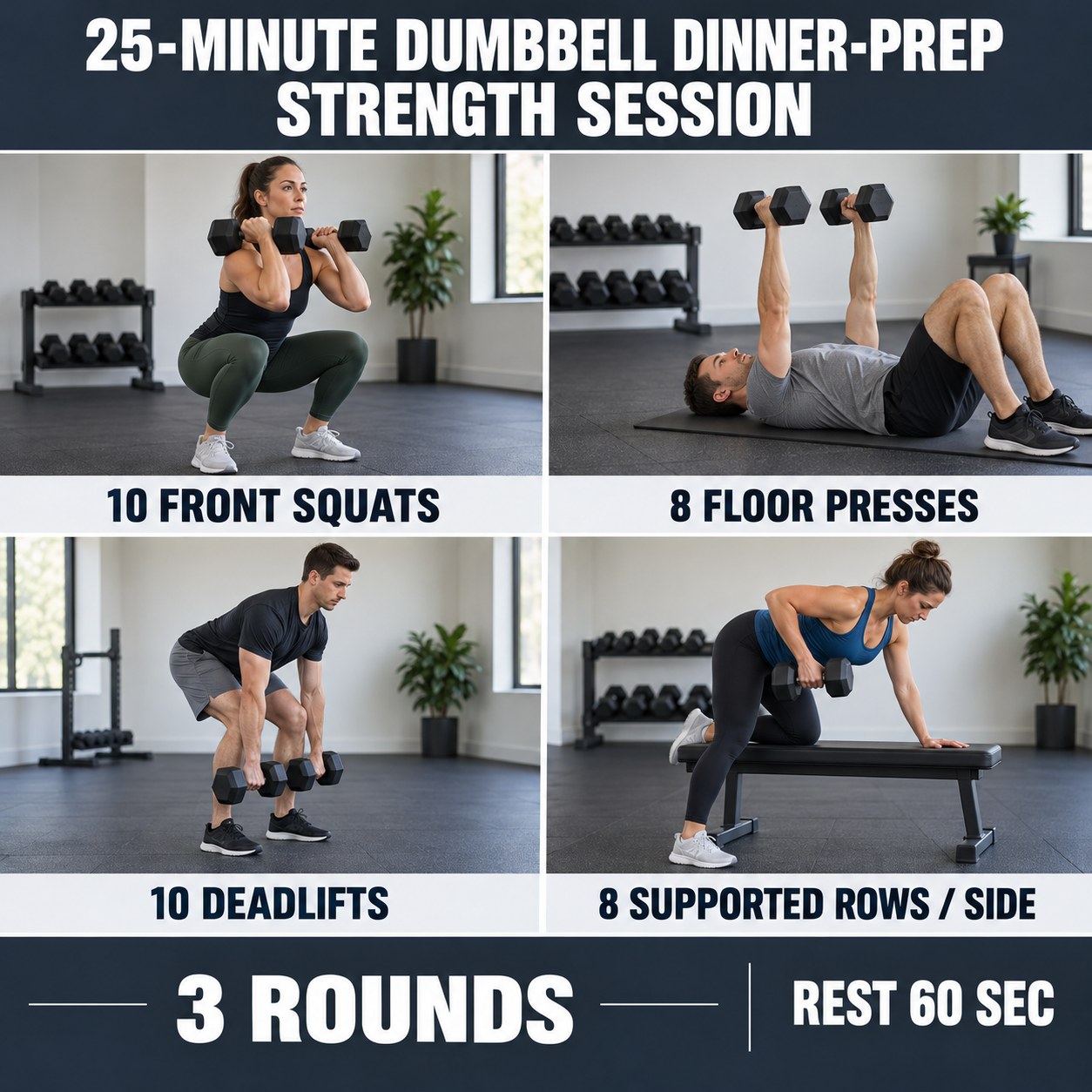 Dumbbell dinner-prep strength session with front squats, floor presses, deadlifts, and supported rows