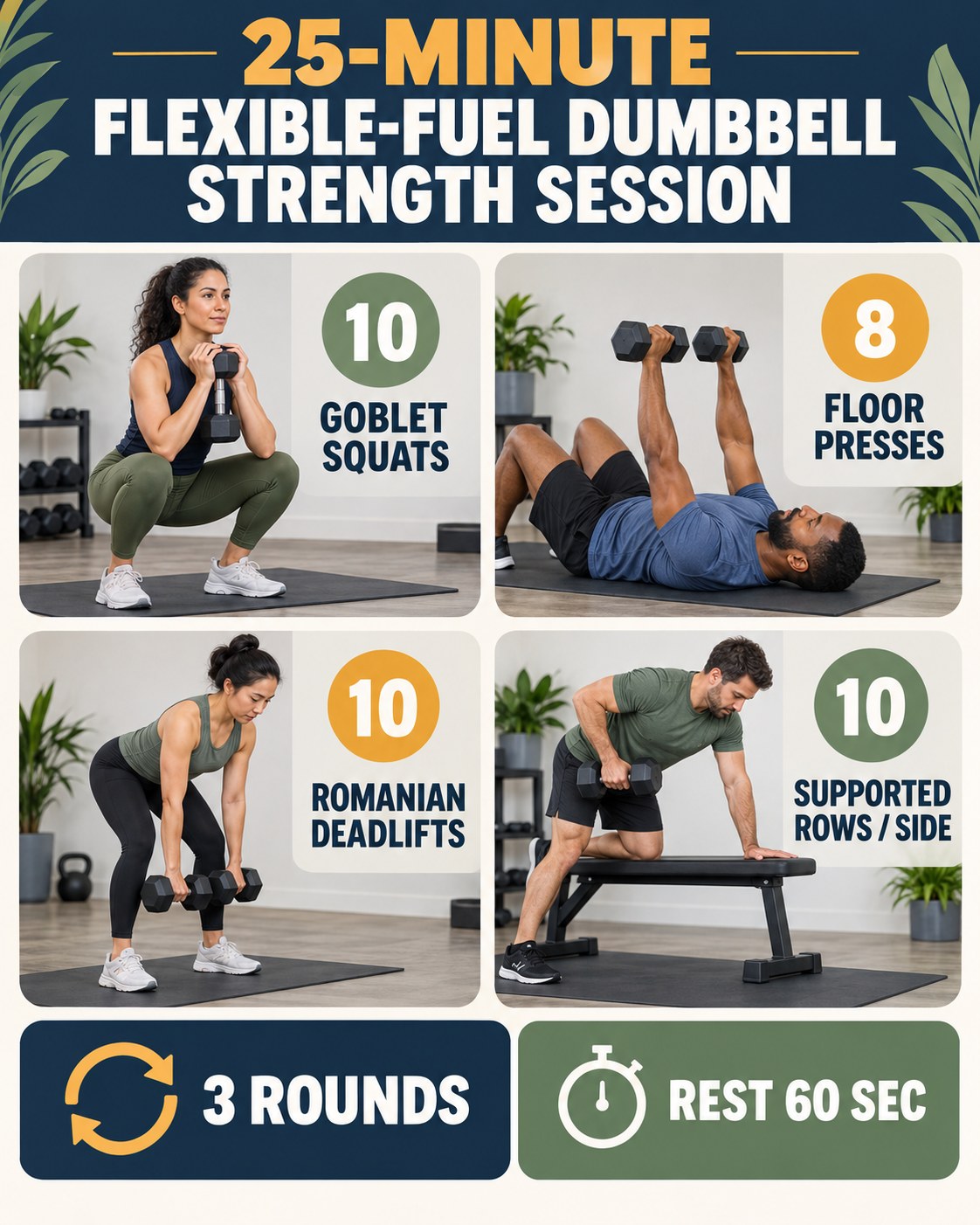 25-minute flexible-fuel dumbbell strength session with four illustrated exercises