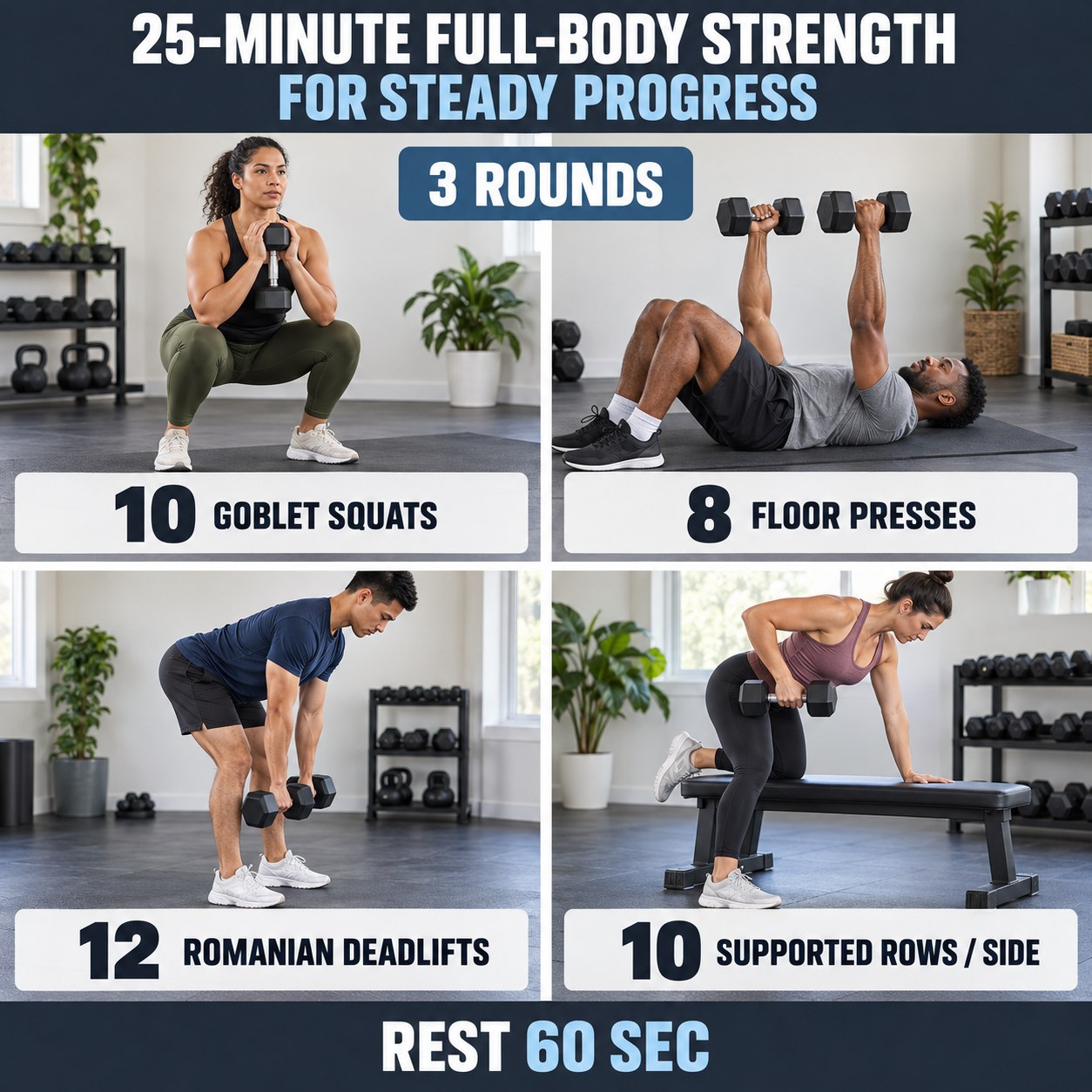 Full-body strength for steady progress with goblet squats, floor presses, Romanian deadlifts, and supported rows