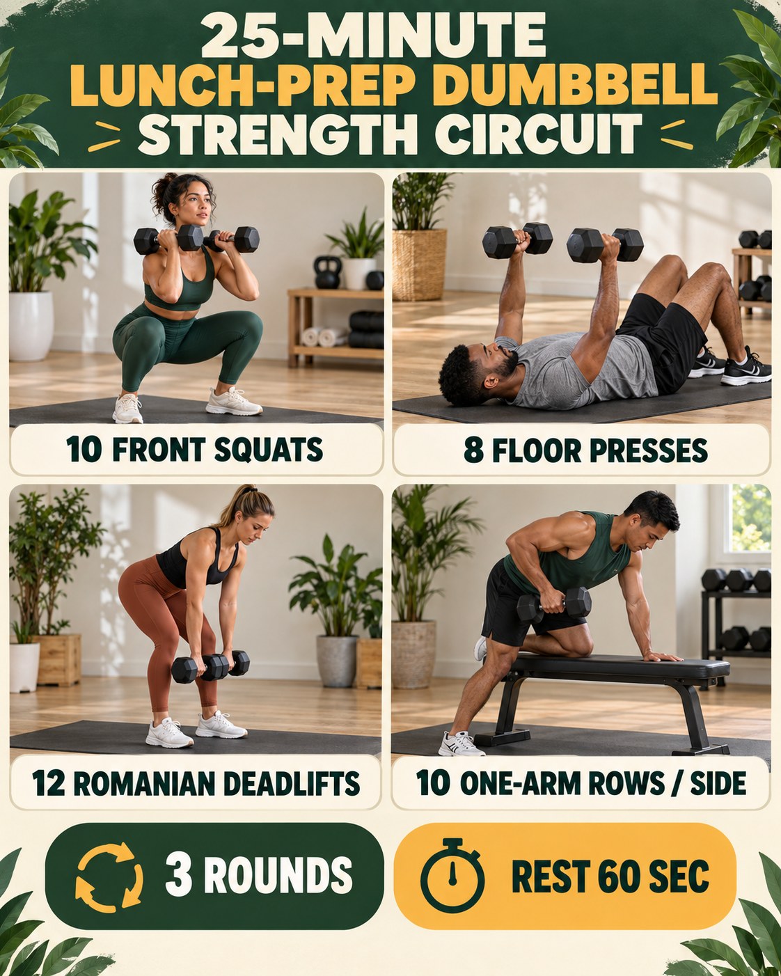 25-minute lunch-prep dumbbell strength circuit with four illustrated exercises