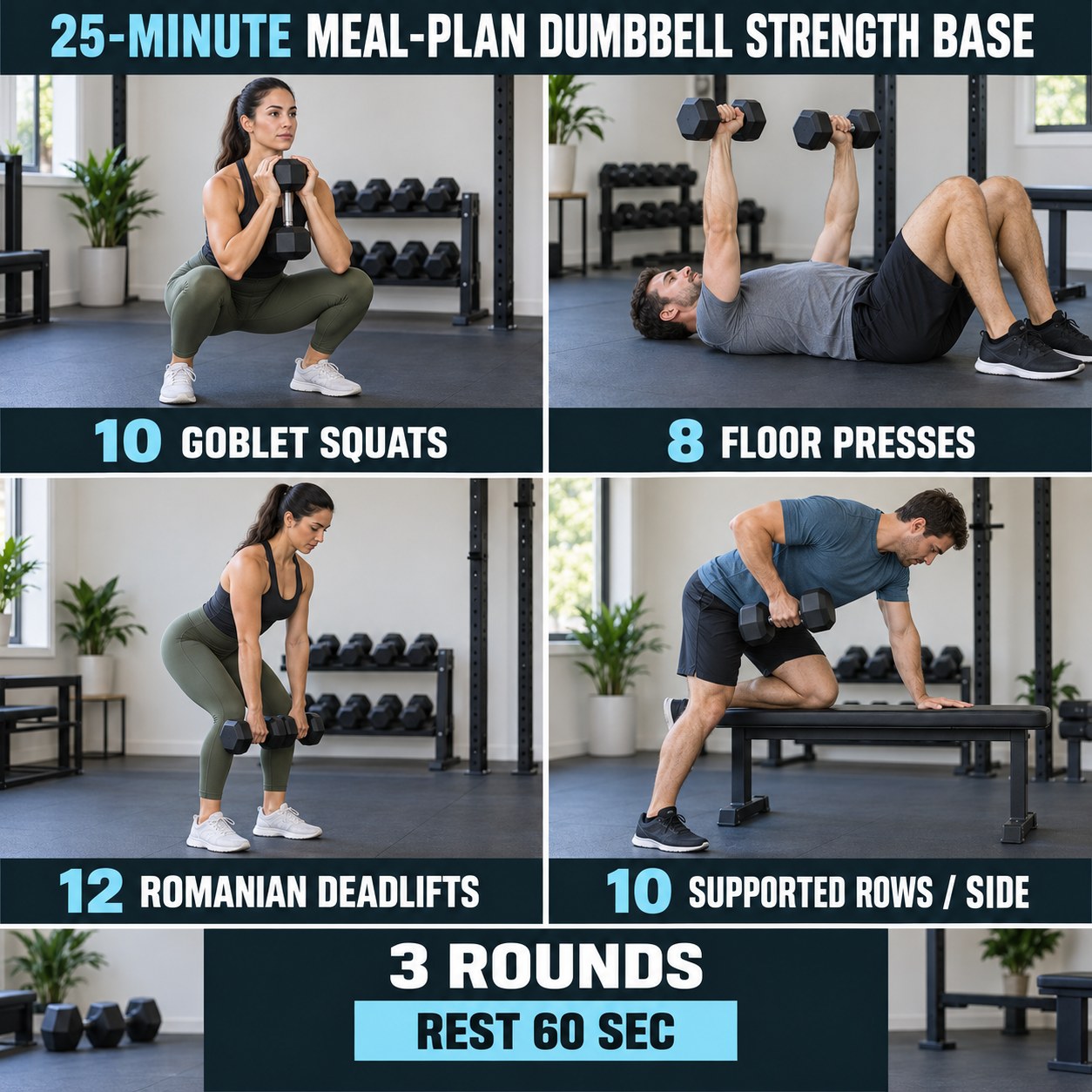 Meal-plan dumbbell strength base with goblet squats, floor presses, Romanian deadlifts, and supported rows