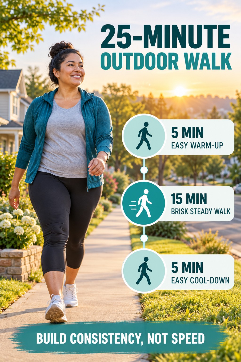Adult walking outdoors beside a three-step 25-minute routine with warm-up, brisk walking, and cool-down.