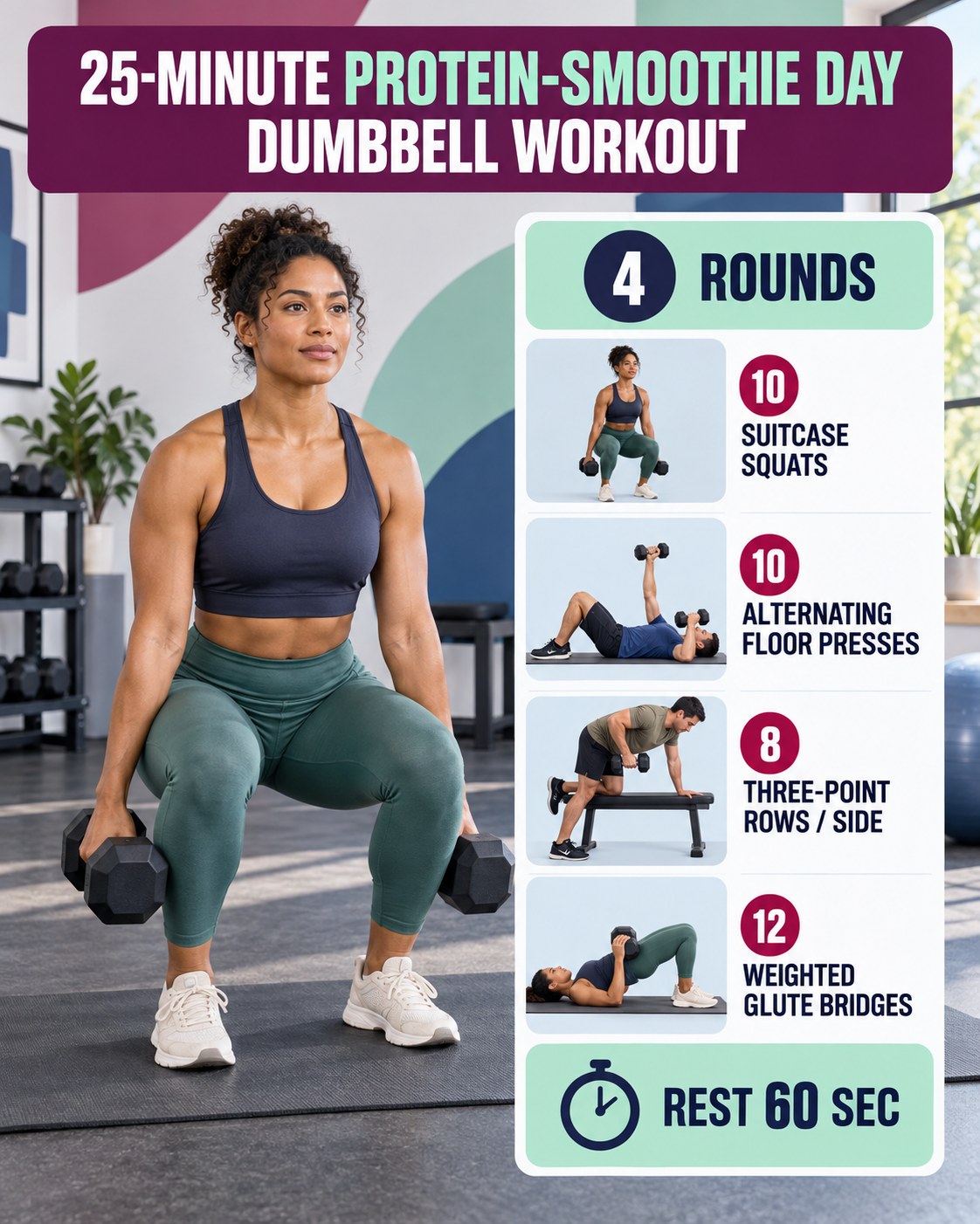 Woman holding dumbbells in a squat beside a 25-minute protein-smoothie day dumbbell workout infographic.