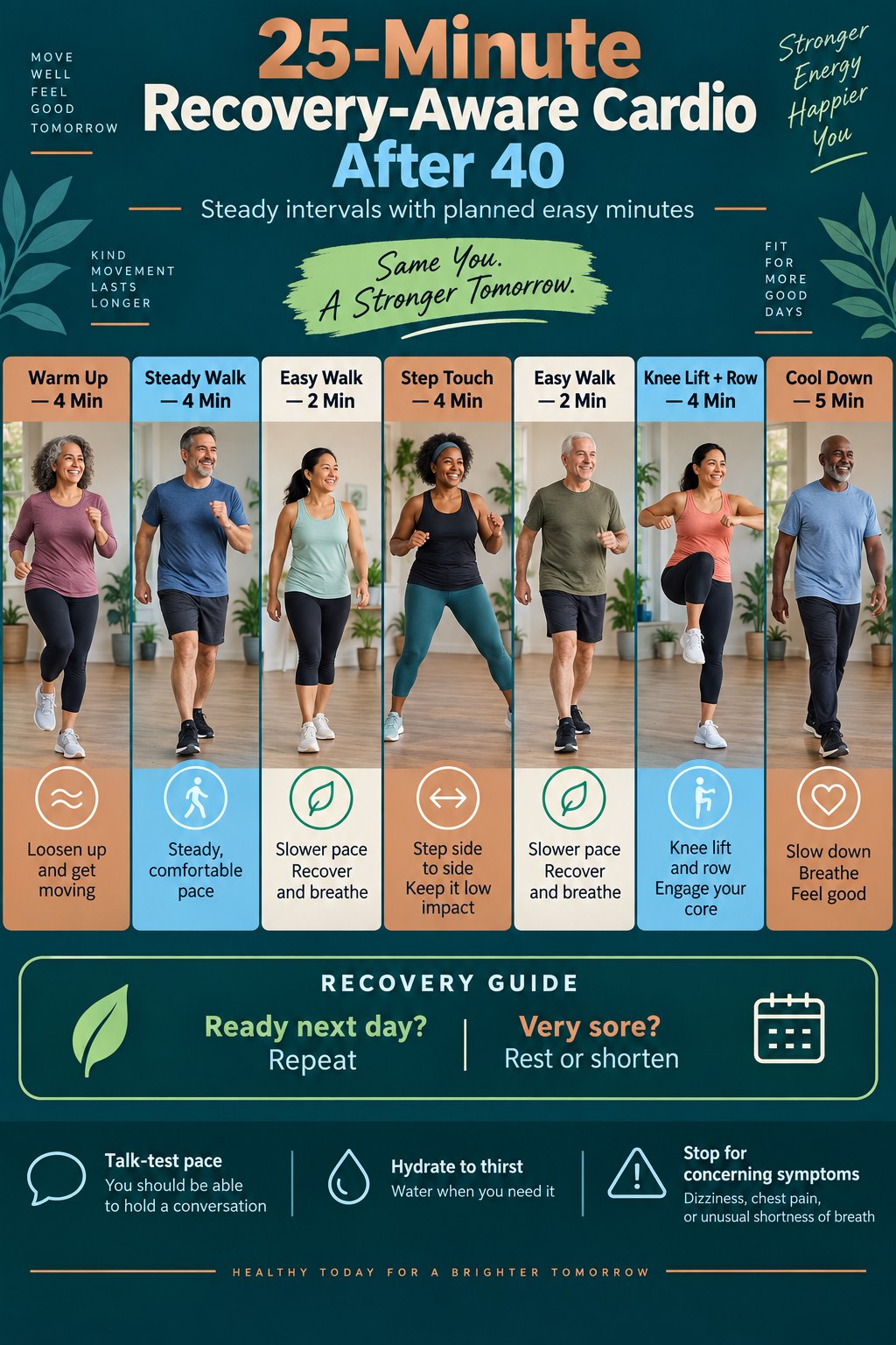 Recovery-aware cardio after 40 infographic showing steady walking, easy walking, step touches, knee lifts with rows, and a next-day recovery guide.