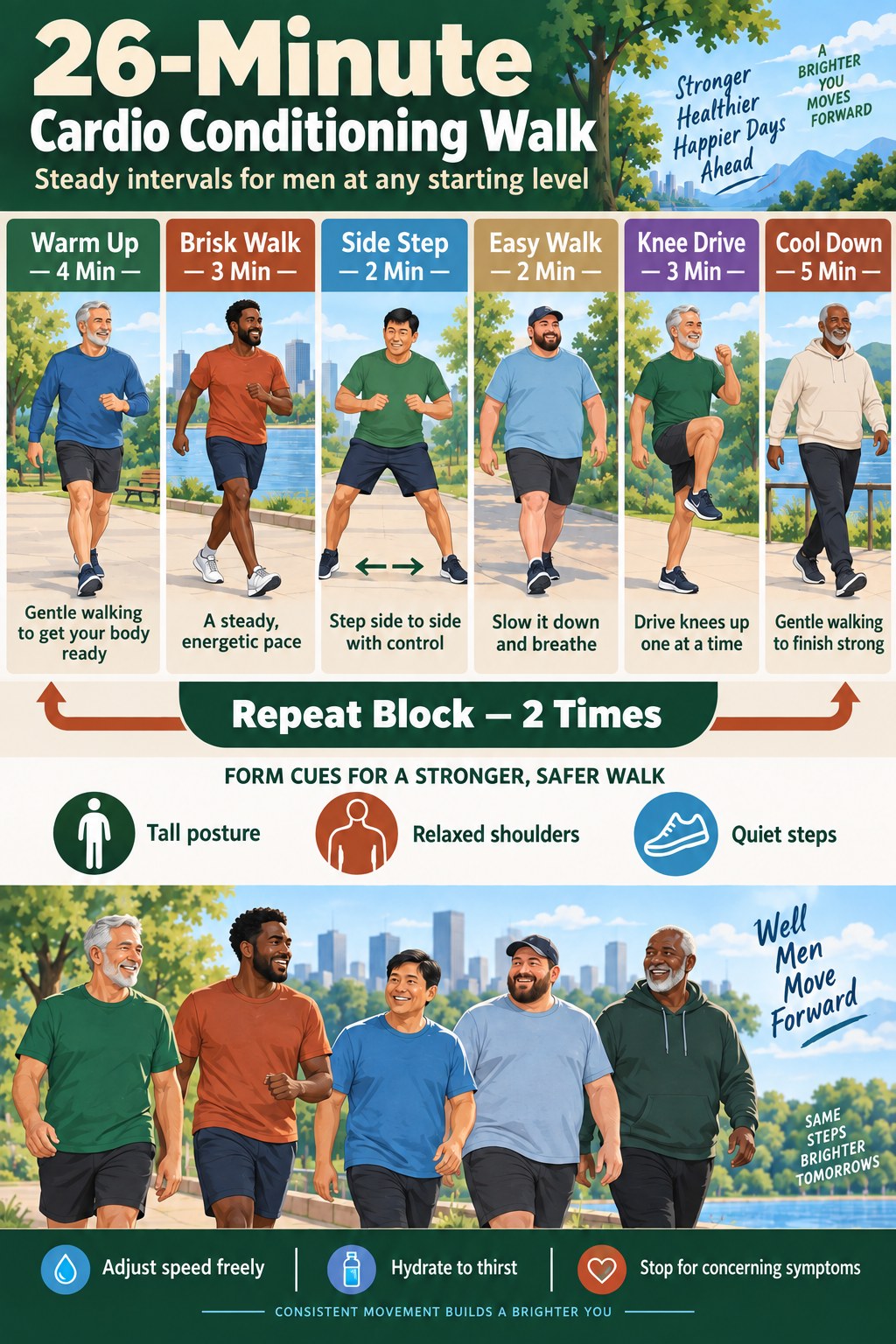 Cardio conditioning walk infographic for men showing a warm-up, brisk walking, side steps, easy walking, two repeated blocks, knee drives, and a cool-down.
