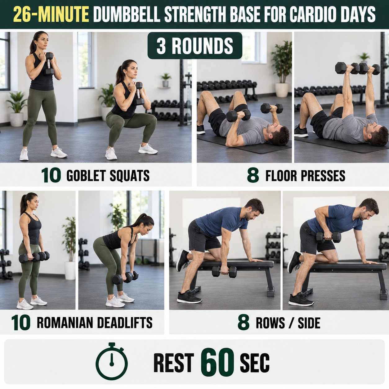 Dumbbell strength base for cardio days with goblet squats, floor presses, Romanian deadlifts, and supported rows