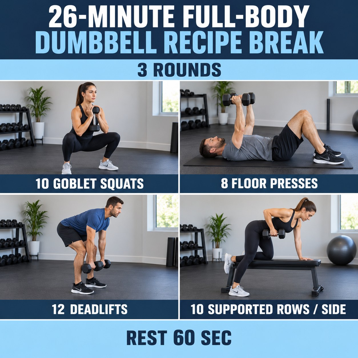 Full-body dumbbell recipe break with goblet squats, floor presses, deadlifts, and supported rows