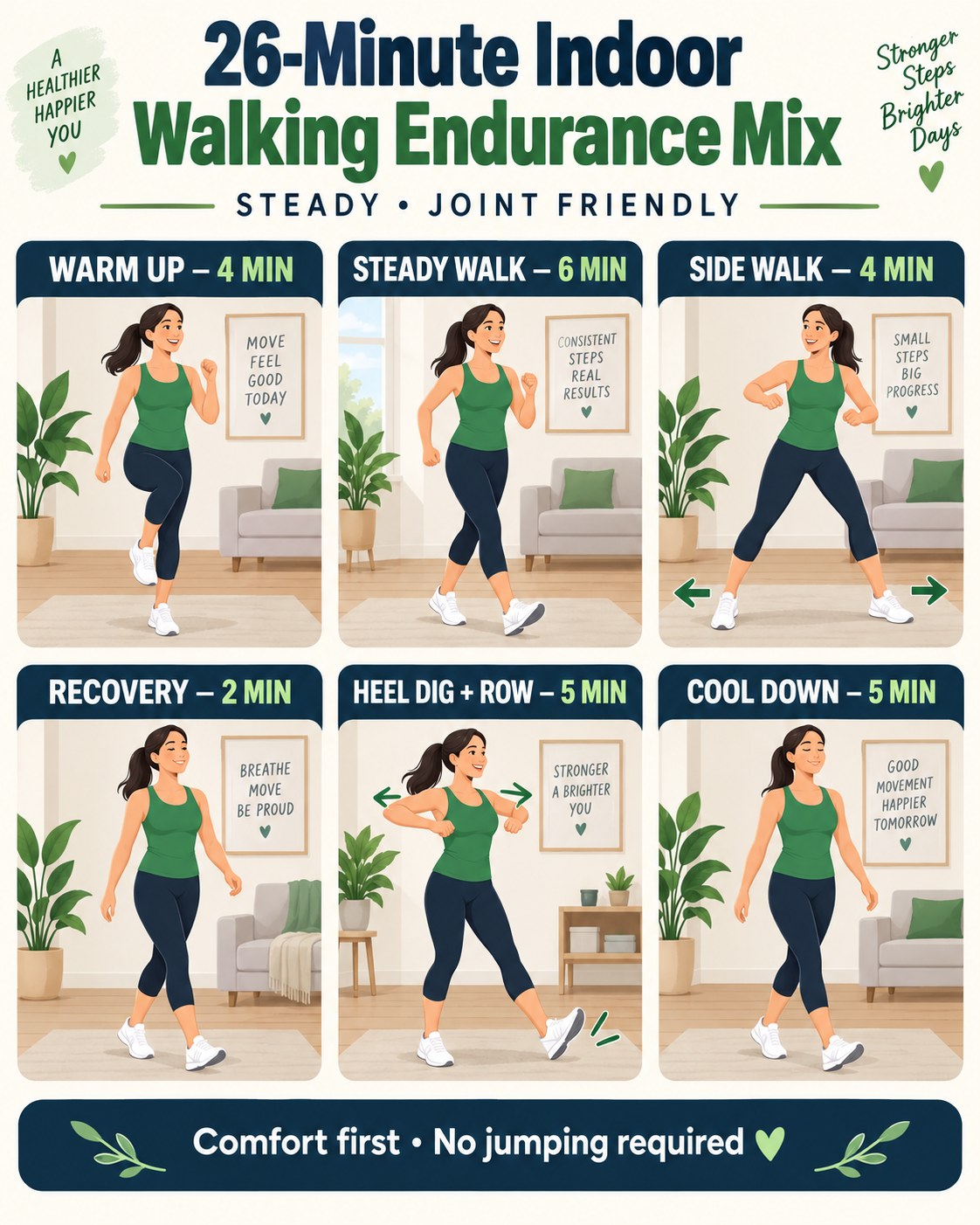 26-minute indoor walking endurance mix infographic with six joint-friendly timed blocks
