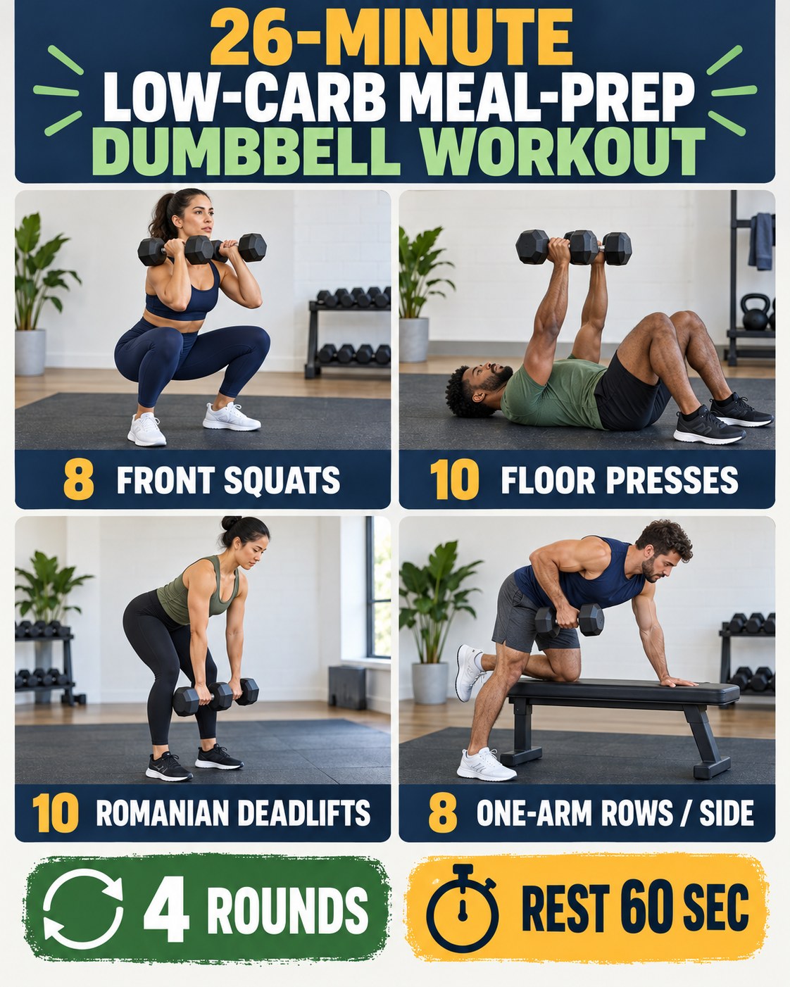 26-minute low-carb meal-prep dumbbell workout with four illustrated exercises