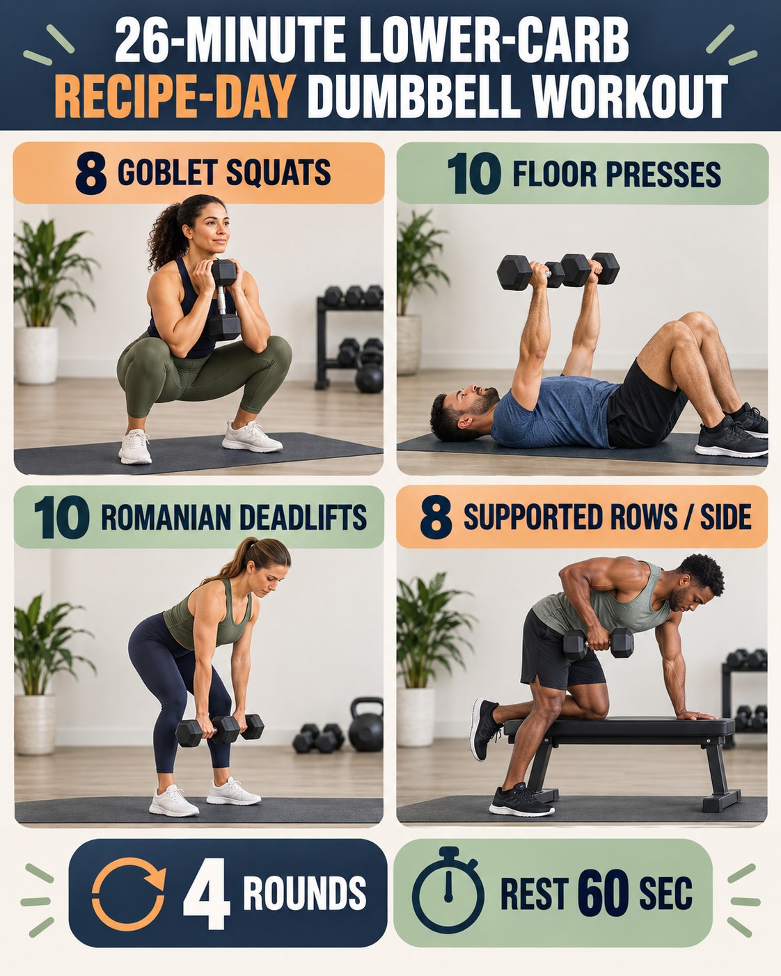 26-minute lower-carb recipe-day dumbbell workout with four illustrated exercises