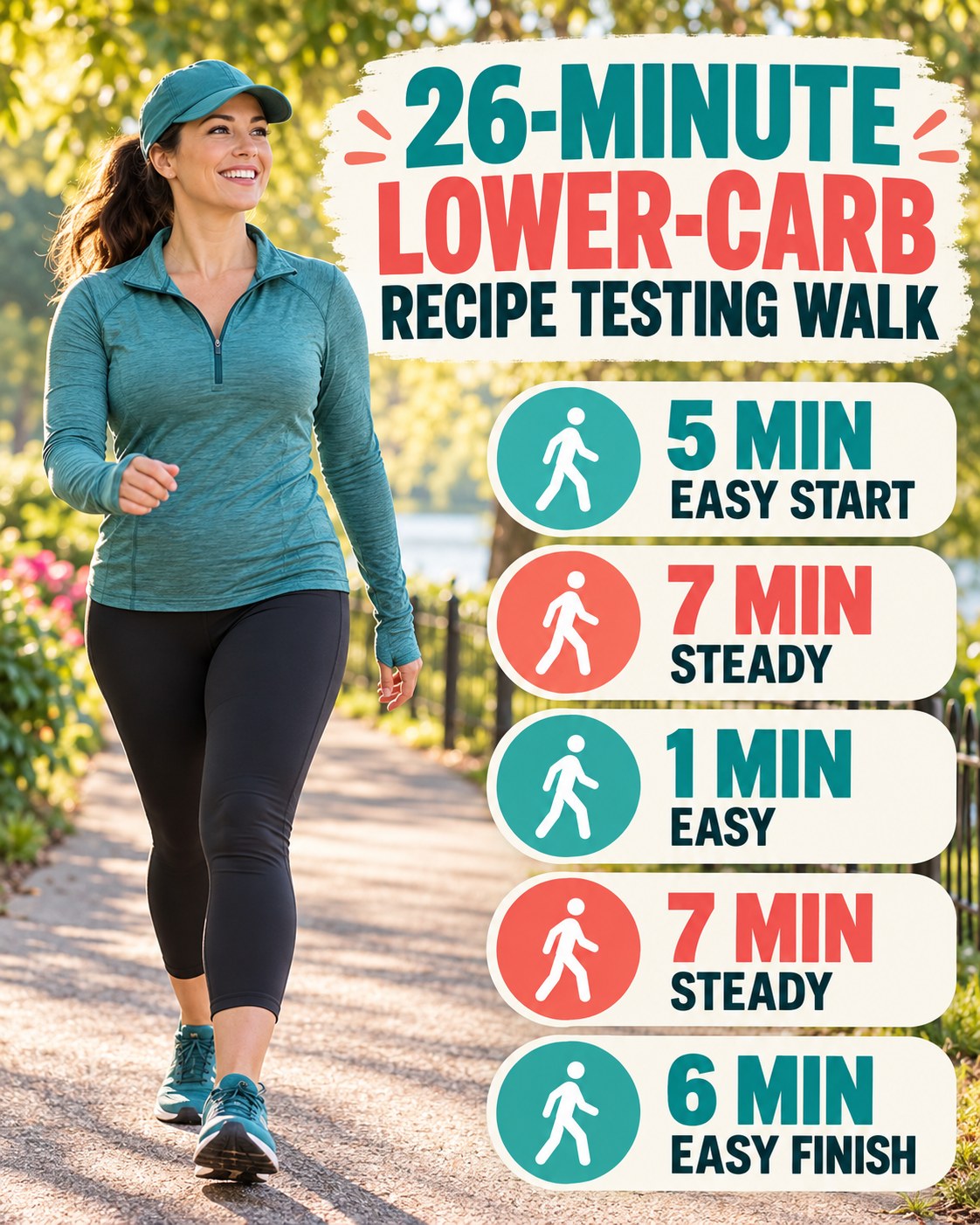 26-minute lower-carb recipe testing walking routine with two steady blocks and easy recovery